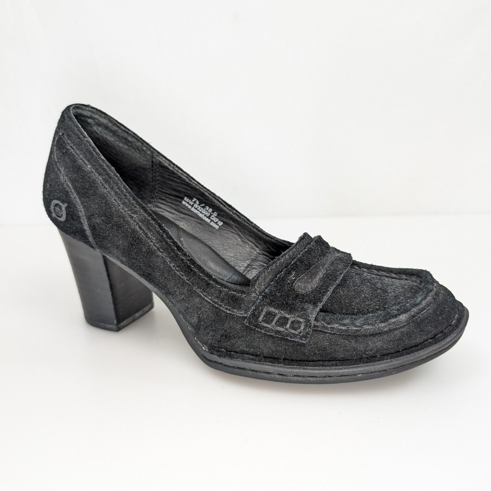 Born Black Suede Loafer Heels Size 7.5 Block Chunky Penny Pumps Dark‎ Academia